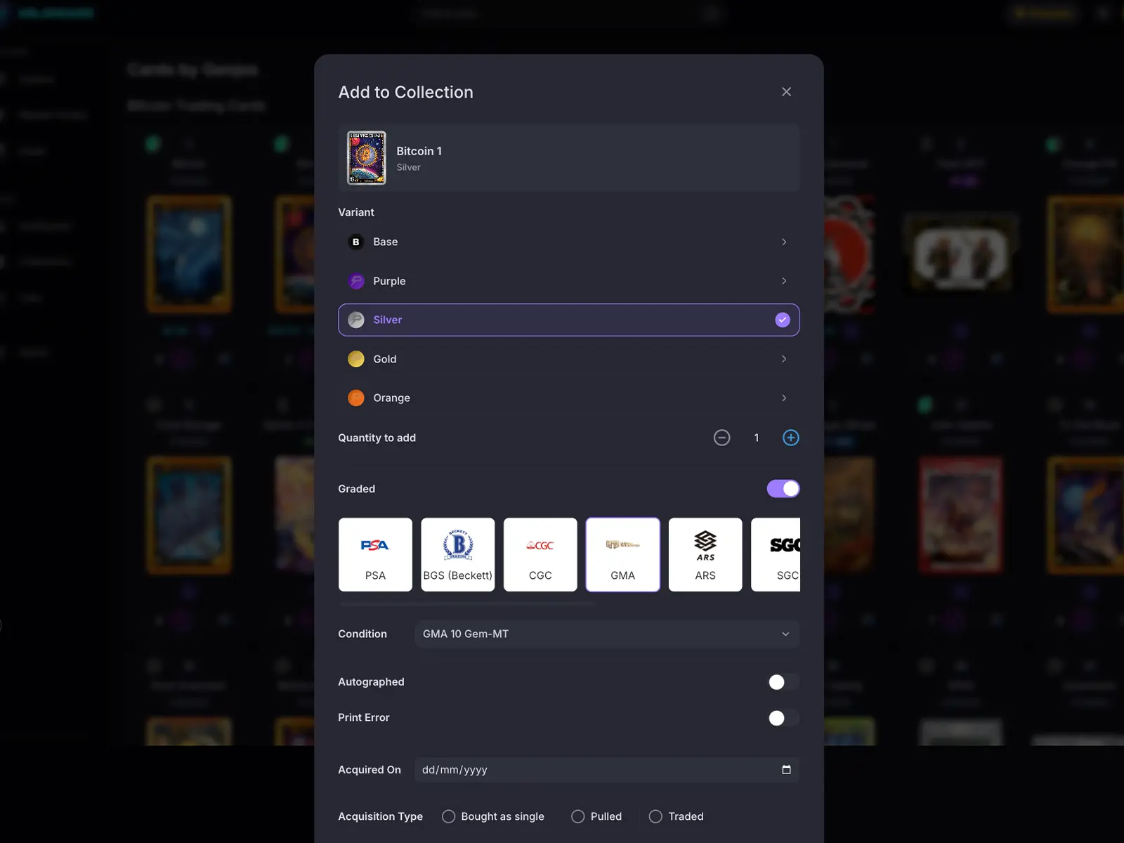 HoloHoard Add to Collection dialog with a variant picker, quantity, grading company and condition, and acquisition details