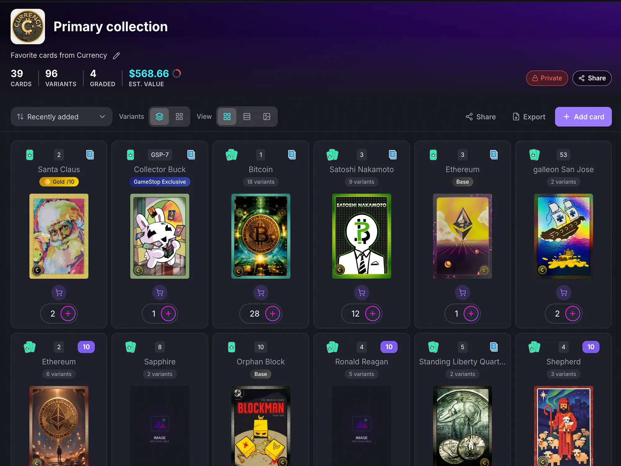 A HoloHoard collection in tile view, each card showing its quantity, condition and estimated value