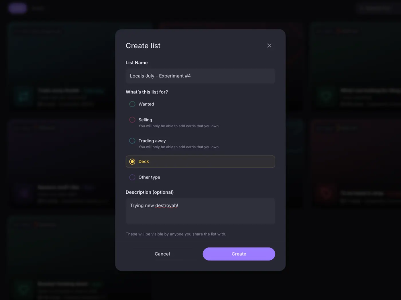 The Create list dialog with the Deck type selected, next to Wanted, Selling and Trading away