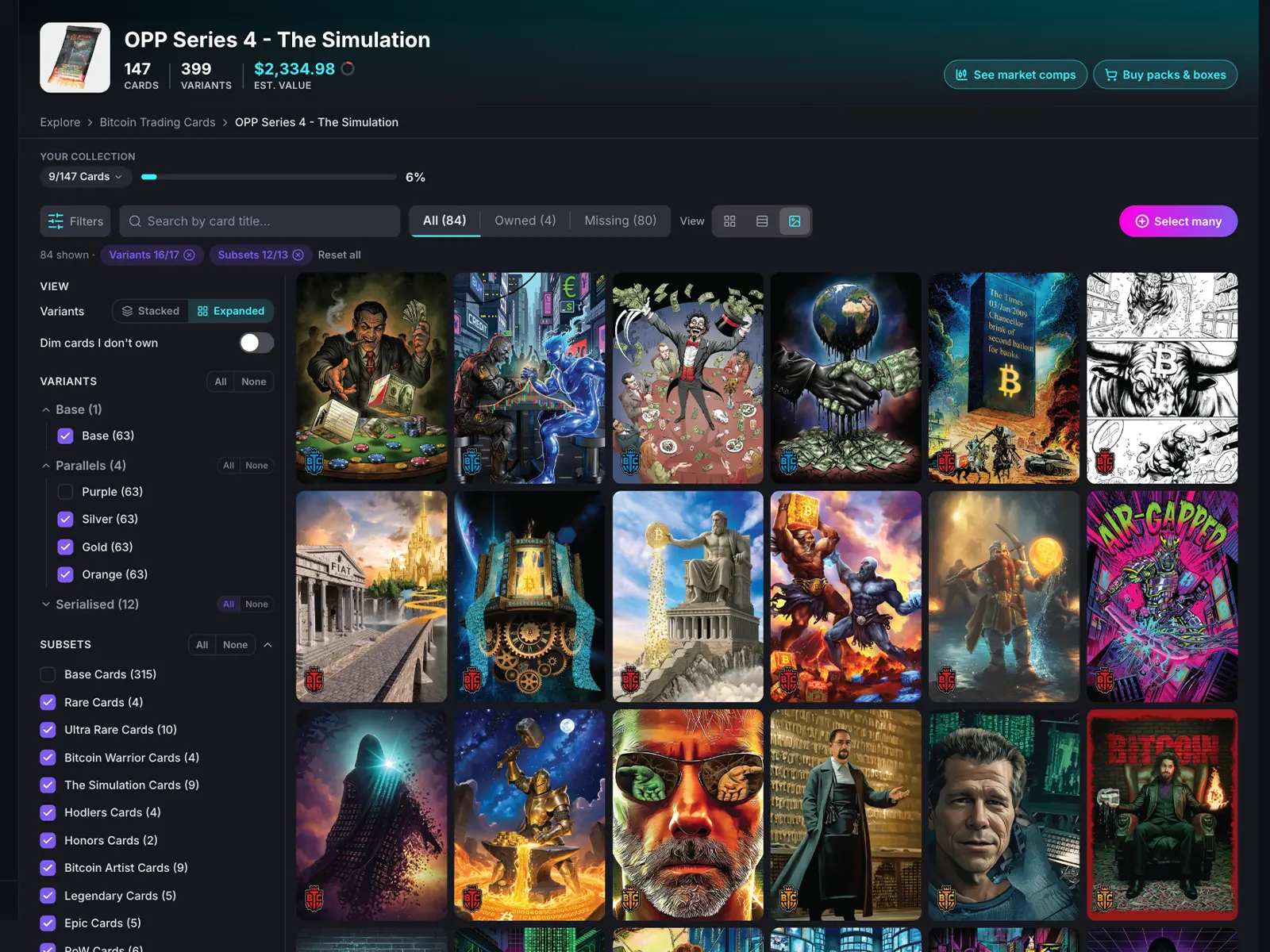 HoloHoard set page in gallery view with variant and subset filters, collection progress and the set's estimated value