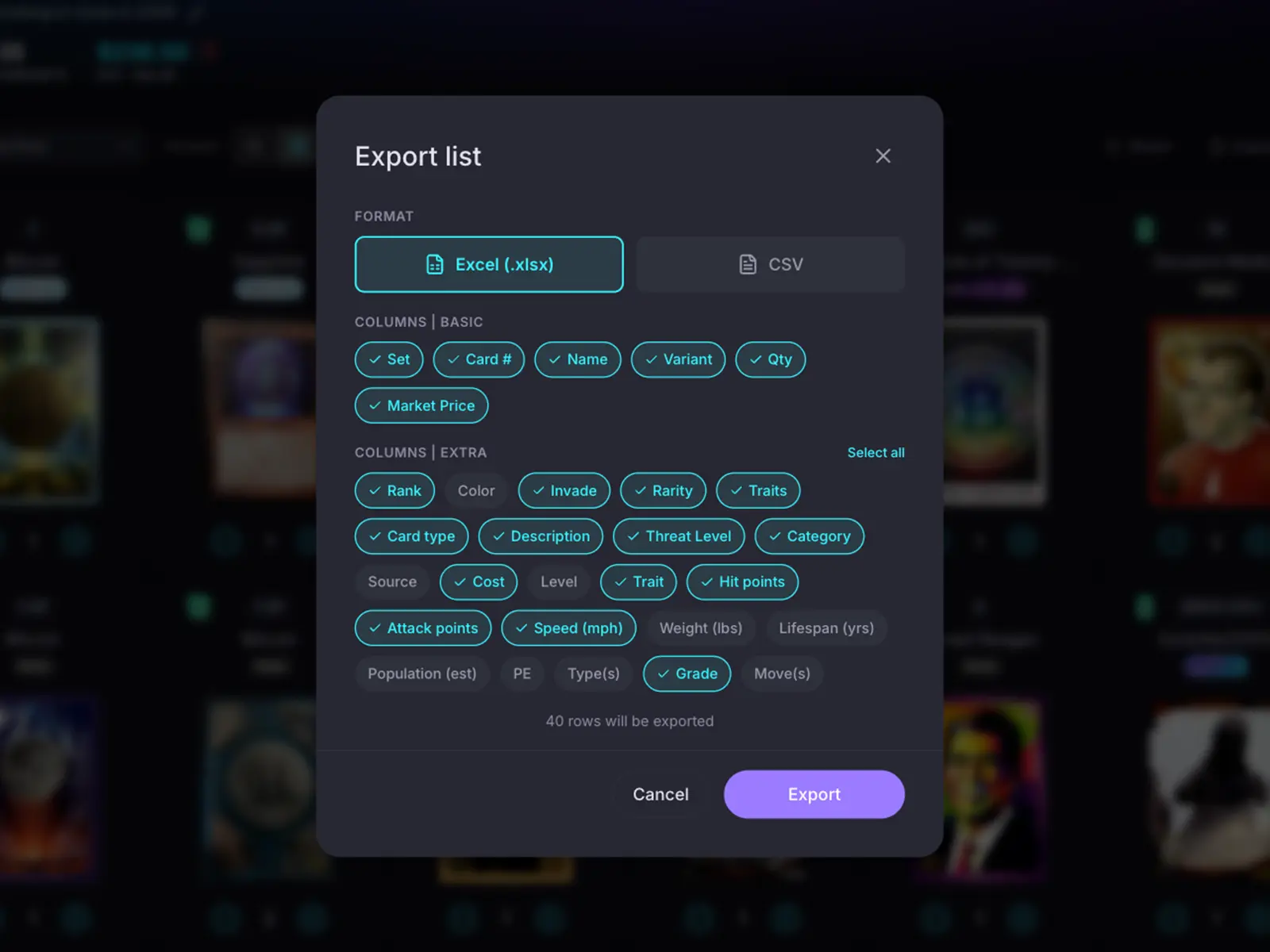 HoloHoard export dialog with Excel and CSV formats and selectable basic and game specific columns