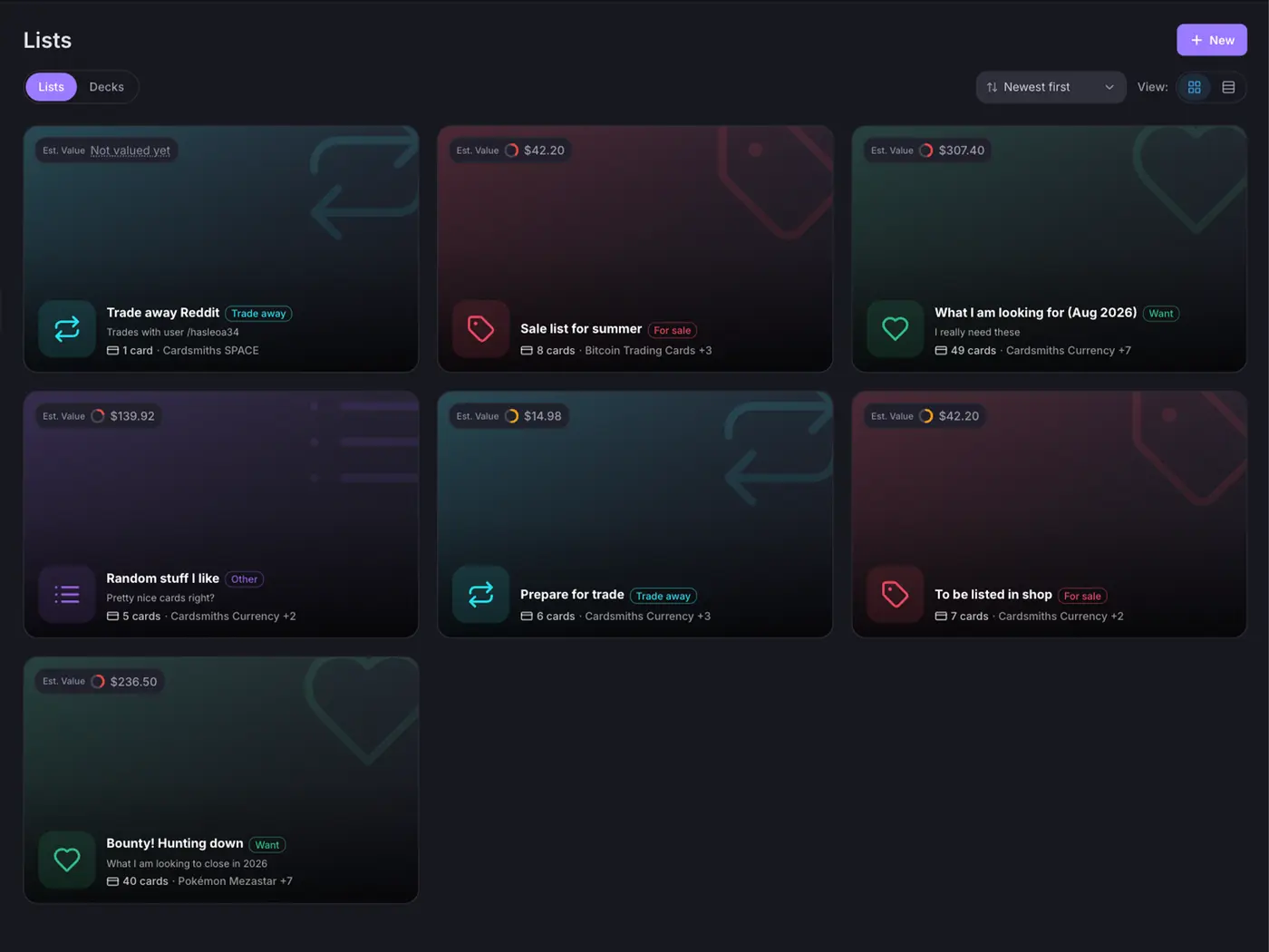 The Lists page with Want, For Sale, Trade Away and custom lists, each showing its Est. Value, card count and games