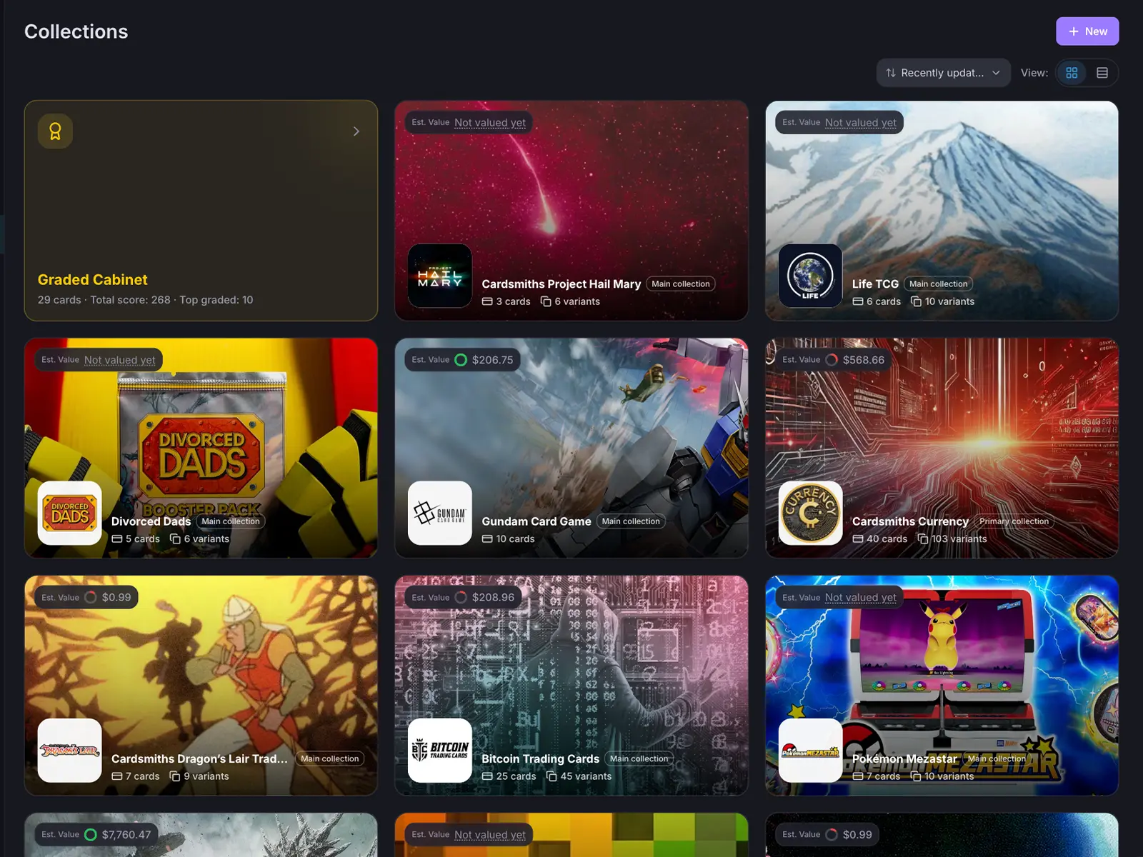 HoloHoard collections in tile view with cover art, card counts and estimated values, plus a graded cabinet