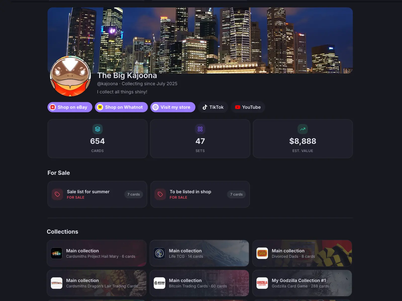 A HoloHoard public collector profile with shop and social links, card and value stats, For Sale lists and shared collections