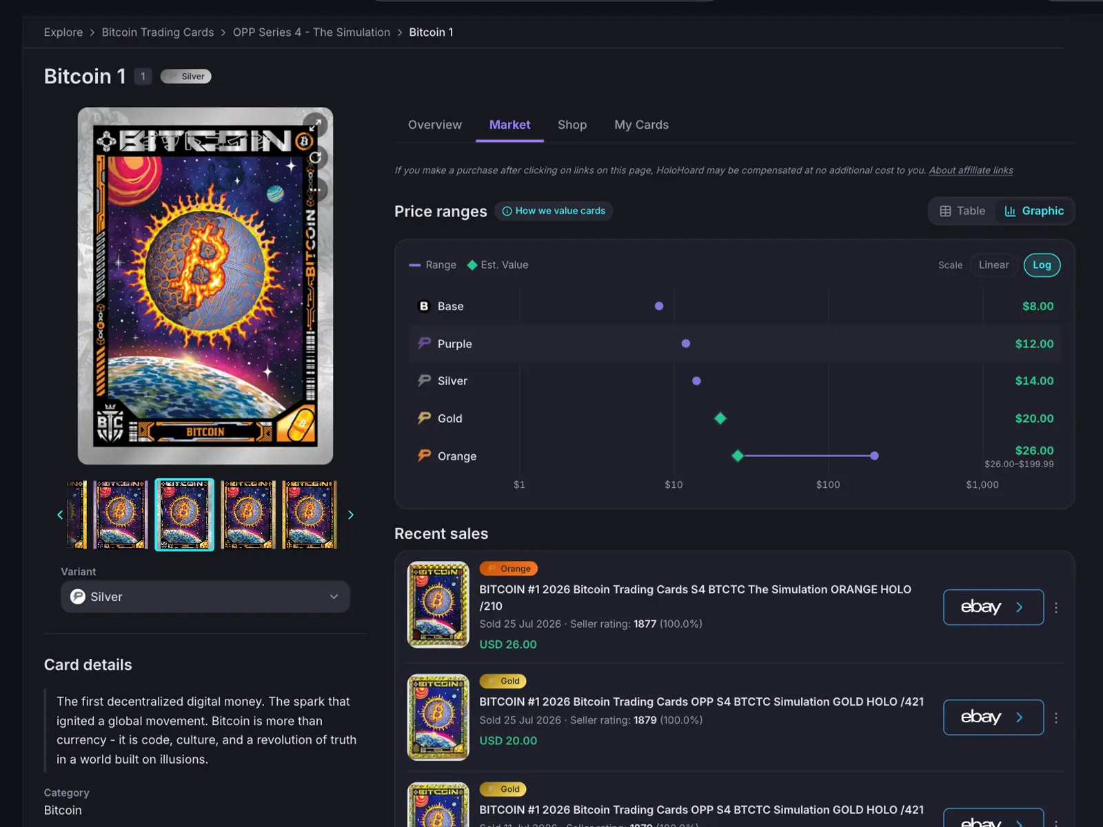A card page Market tab with Est. Value price ranges per variant and a list of recent sales