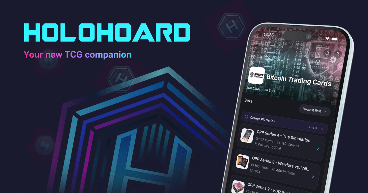 HoloHoard, your new TCG companion: the app on a phone, showing the Bitcoin Trading Cards sets.