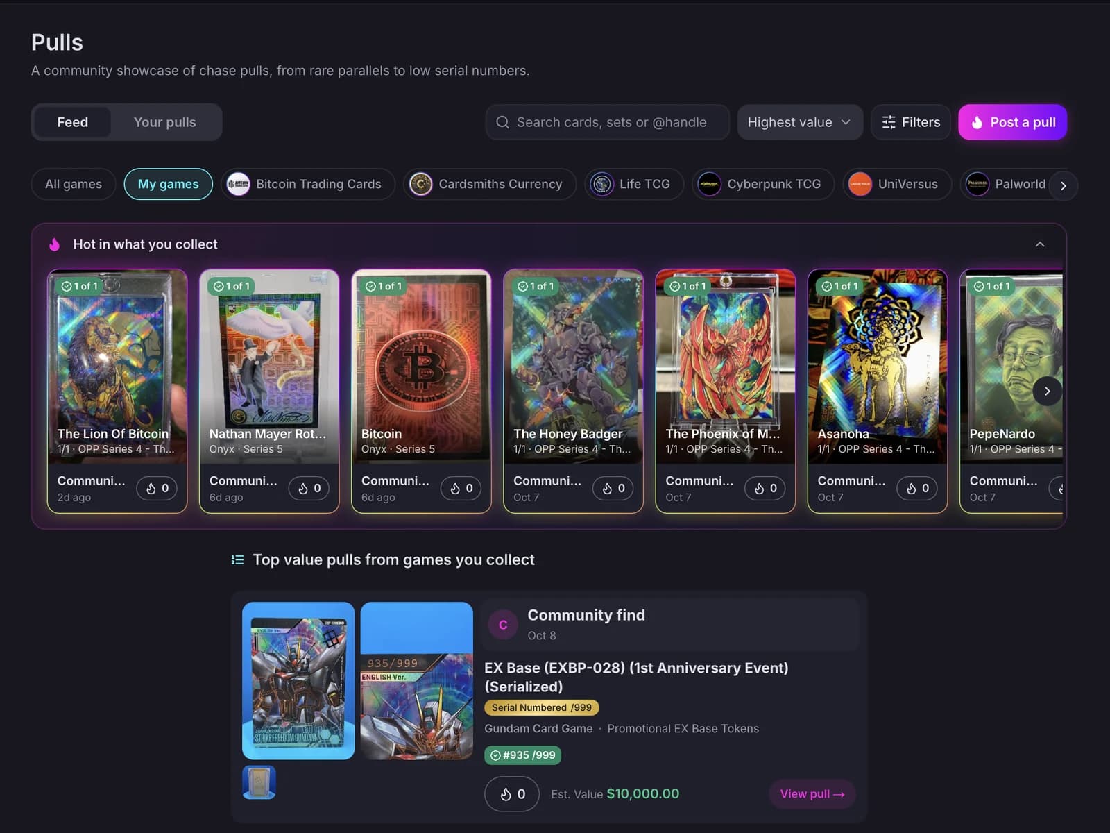 The Pulls feed with a rare pull rail at the top and fresh pulls below, each with the collector's own photo and its hype count