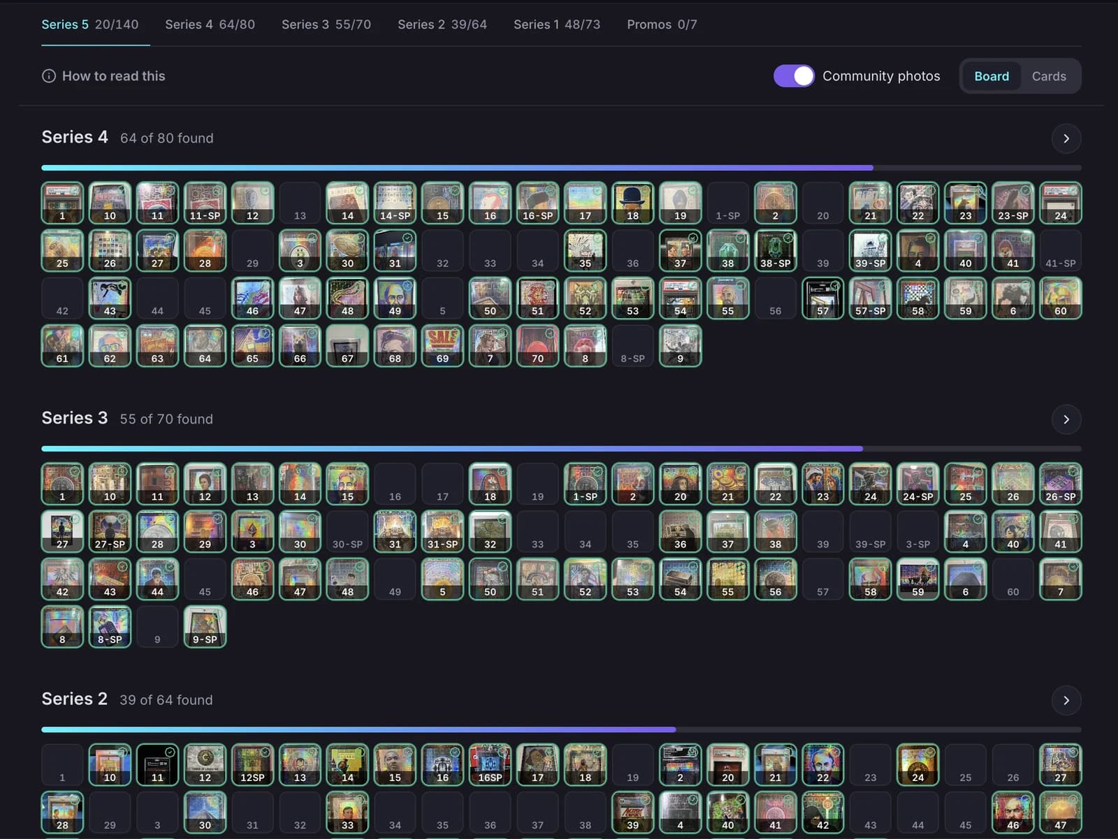 A HoloHoard serial tracker: every serial number of a tier, the found ones with the collector's photo and the rest still out there
