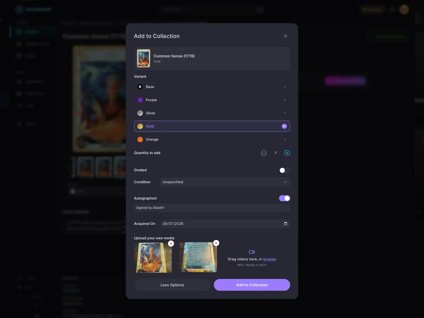 HoloHoard Add to Collection dialog with a variant picker, autograph note, acquisition date and the collector's own photos uploaded