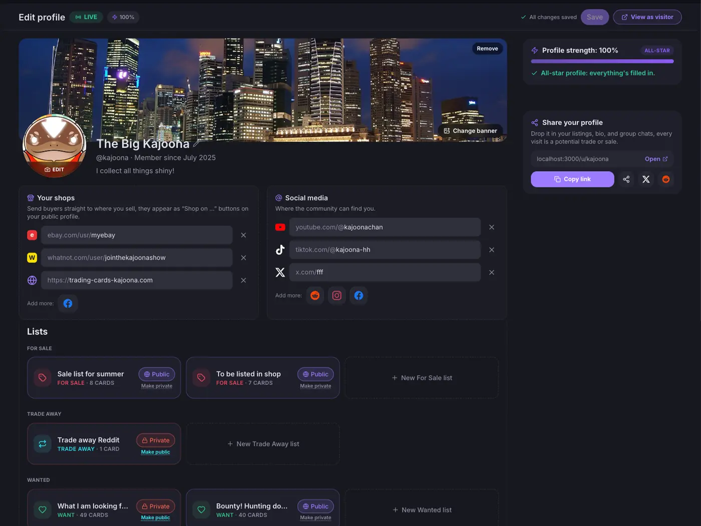 The HoloHoard Edit profile page with banner and avatar, shop and social links, a shareable profile link and public For Sale and Trade lists