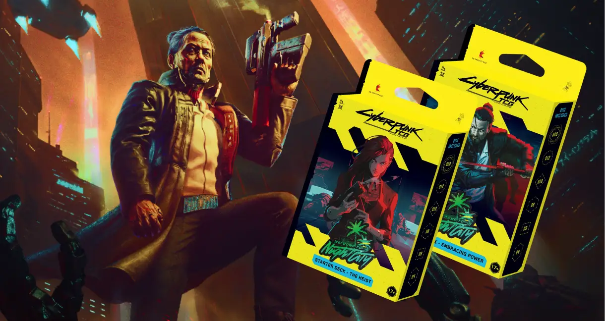 Embracing Power and The Heist starter decks for Cyberpunk TCG