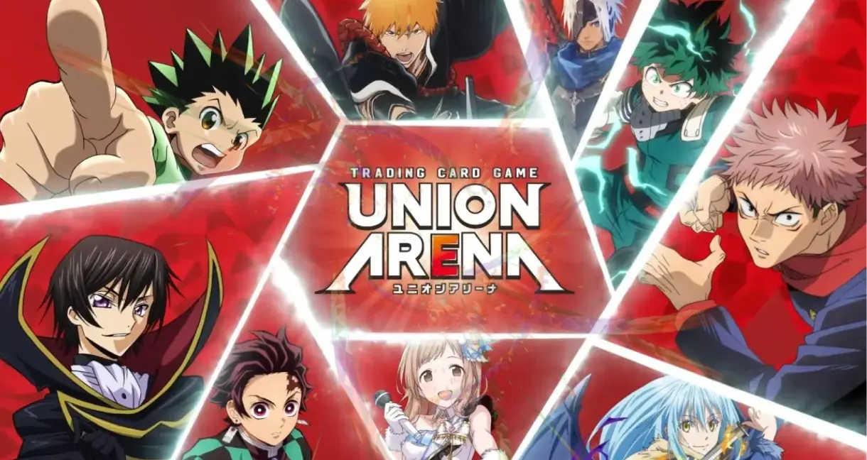 Union Arena cards from several anime series laid out together