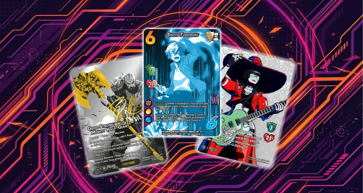 Serial numbered UniVersus Chrome Rare cards, each numbered out of 100