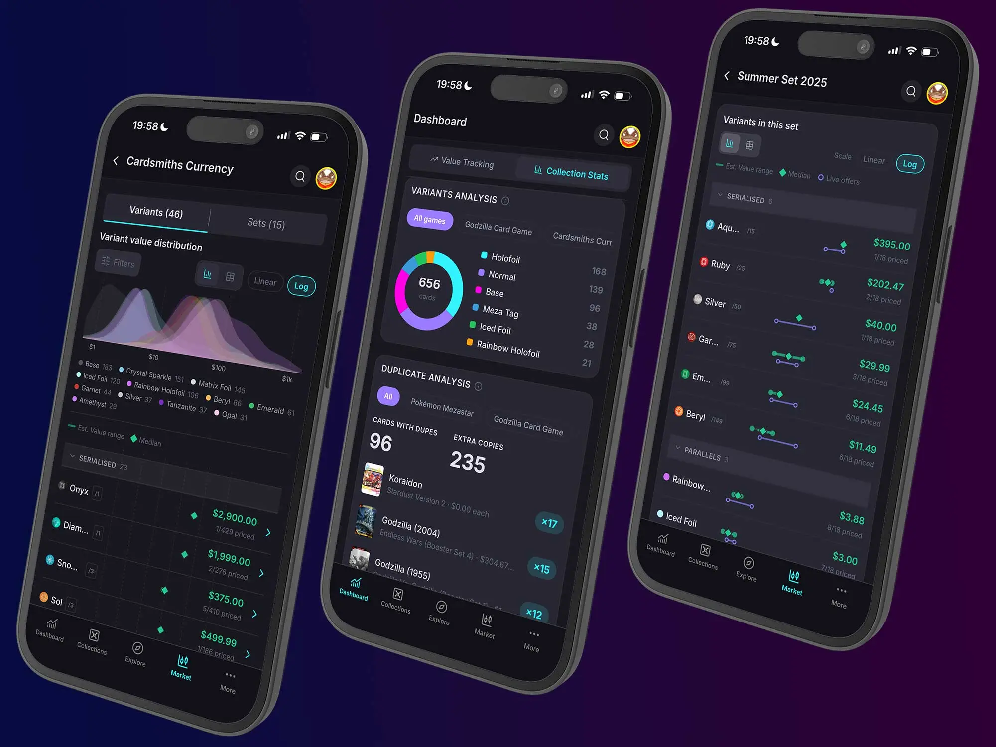 The HoloHoard app on three phones, showing a variant value distribution, the collection stats dashboard and a set's variant value ladder.