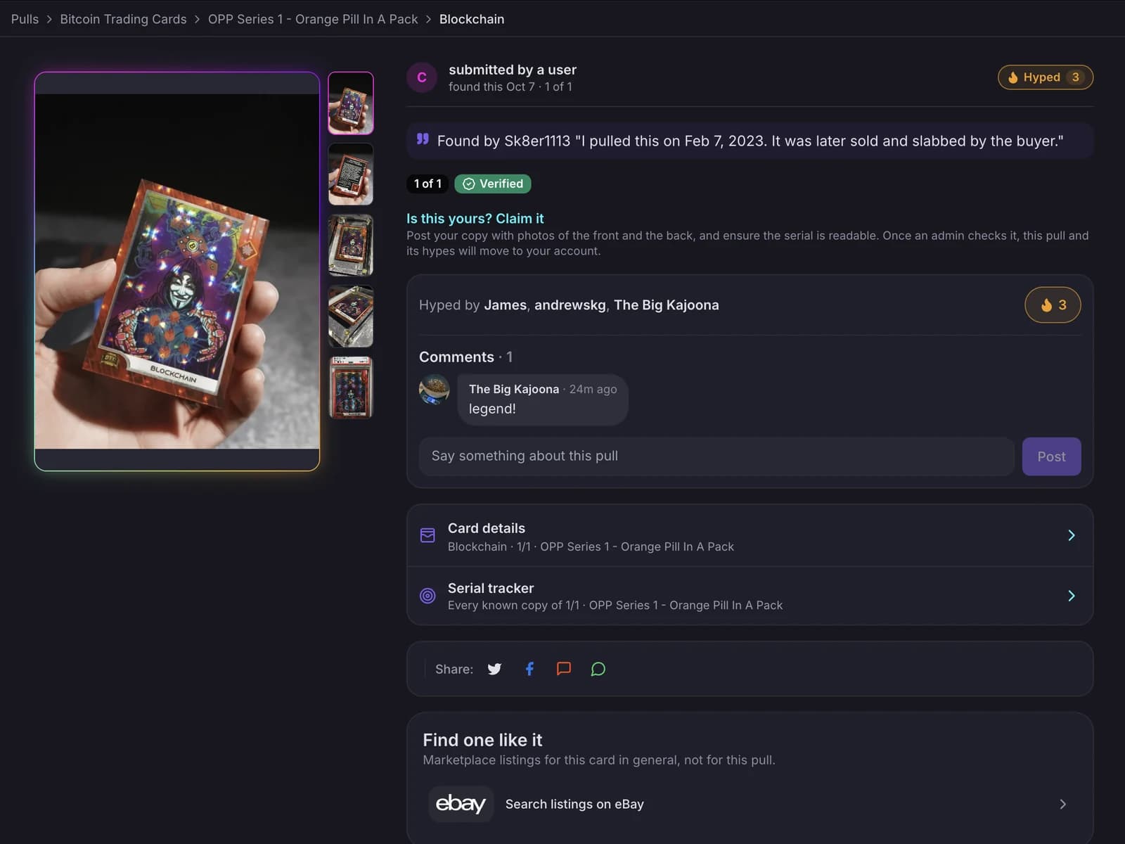 The HoloHoard Pulls feed: fresh pulls from collectors, each with their own photo of the card and its hype count