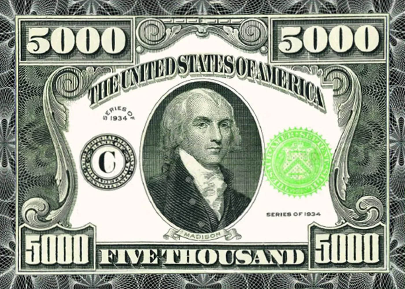 1934 $5000 Federal Reserve card front