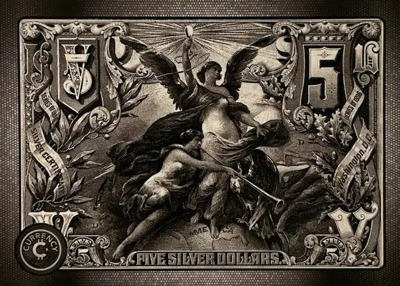 1896 $5 Educational Note card front