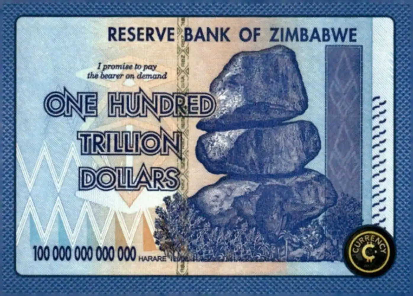 Zimbabwe One Hundred Trillion Dollars card front