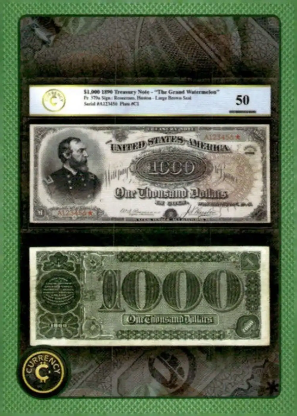 1890 $1000 Grand Watermelon Note card front