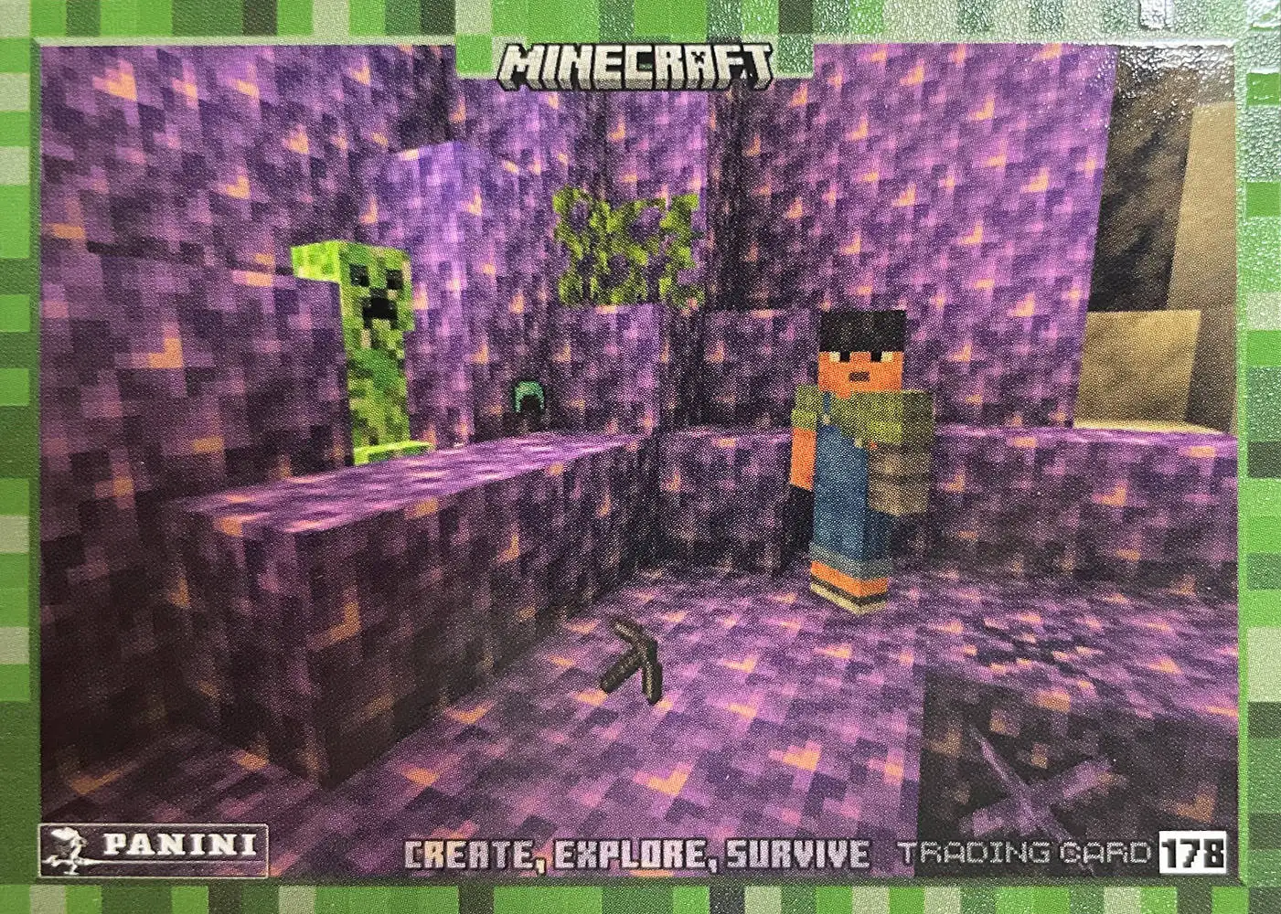 Frightened, Sunny jumps and loses his helmet and pickaxe card front