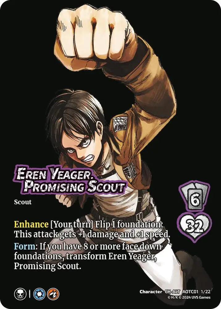 Eren Yeager, Promising Scout // Attack Titan, Ferocious Challenger (Alternate Art) card front